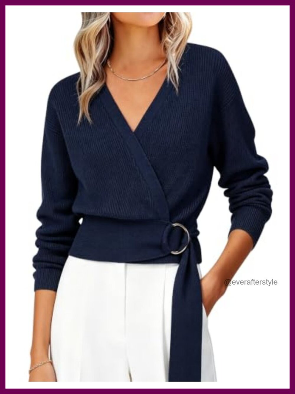 Womens V Neck Cropped Wrap Sweater with Waist Belt Long Sleeve